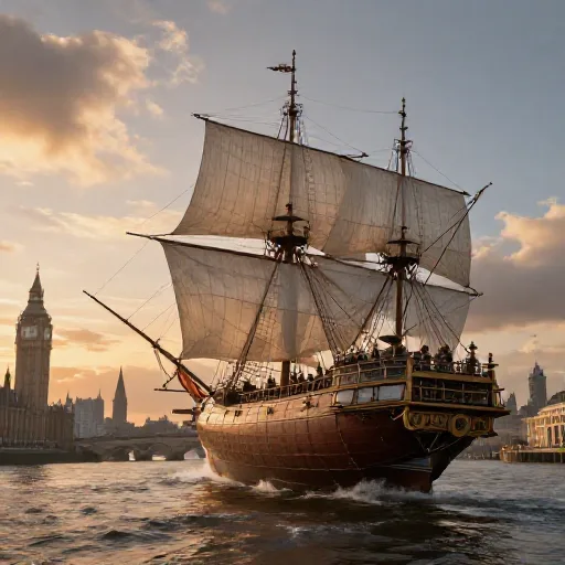 Steampunk airship over Victorian London at sunset