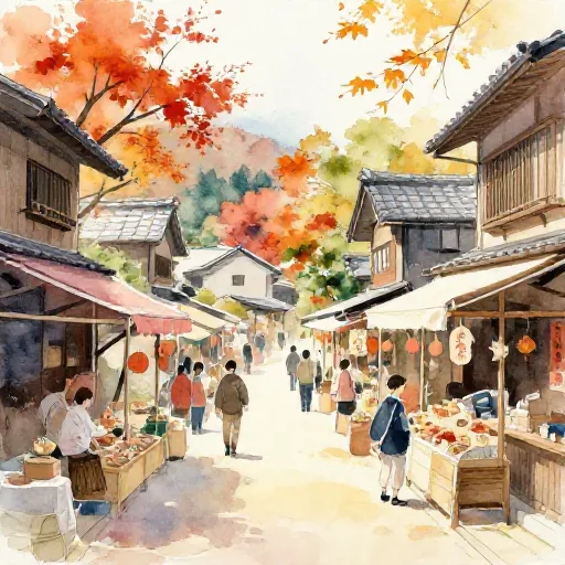 Watercolor painting of autumn Japanese village market
