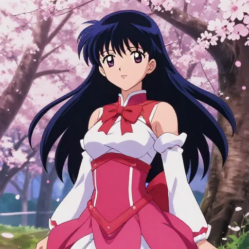 Anime warrior princess in sakura garden at dusk