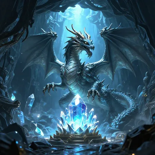 Ancient dragon guarding a glowing crystal cave