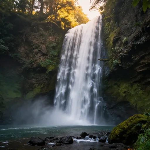 Misty waterfall in an enchanted forest at golden hour