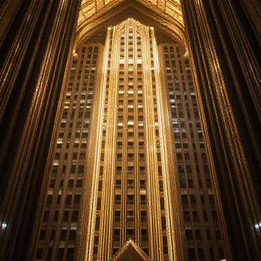 Art Deco skyscraper interior with golden light beams