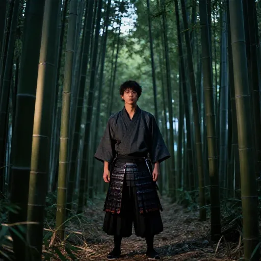 Samurai warrior standing in bamboo forest at dusk